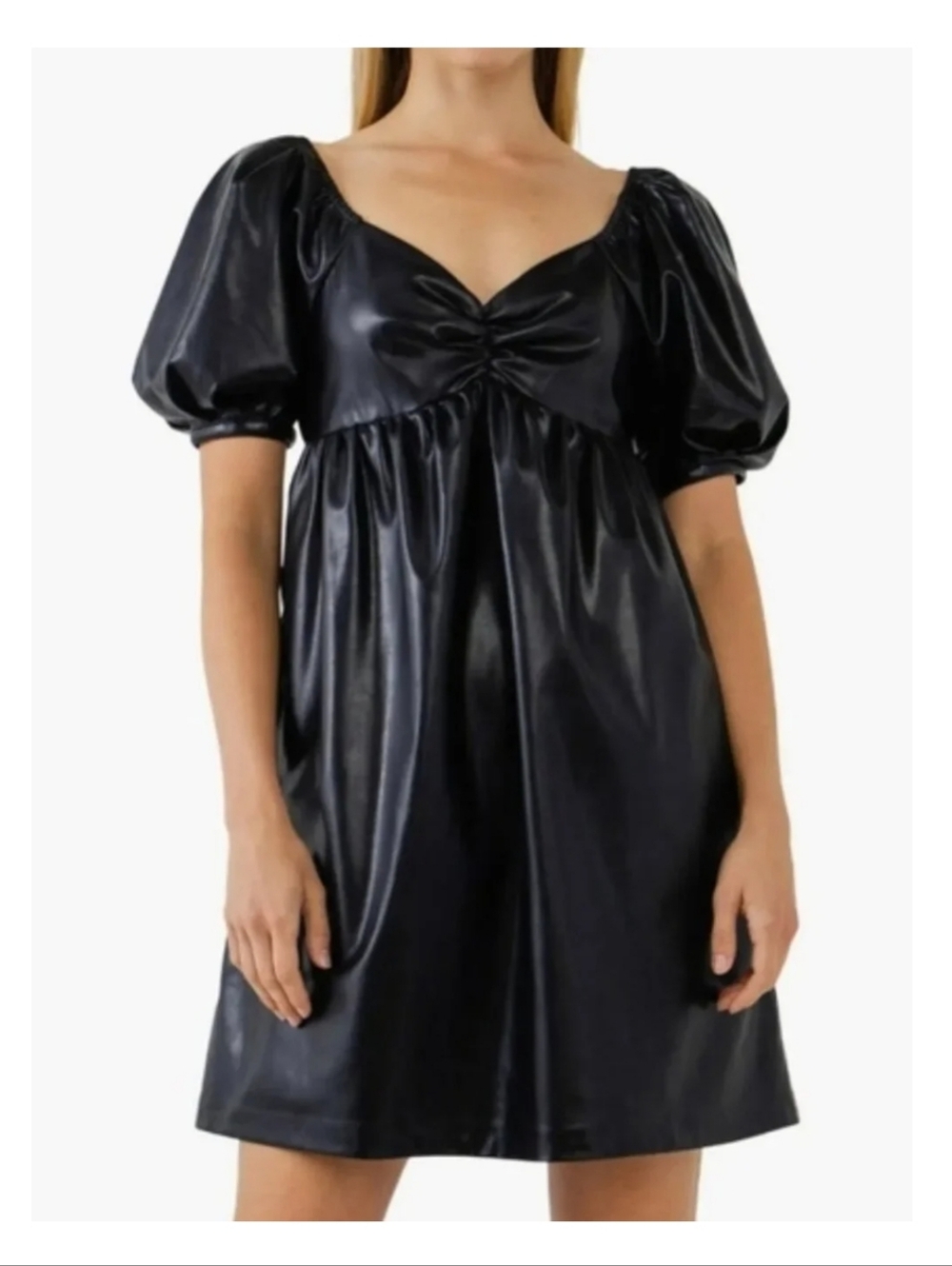 English Factory Black Faux Leather Mini Dress with Puff Detailing